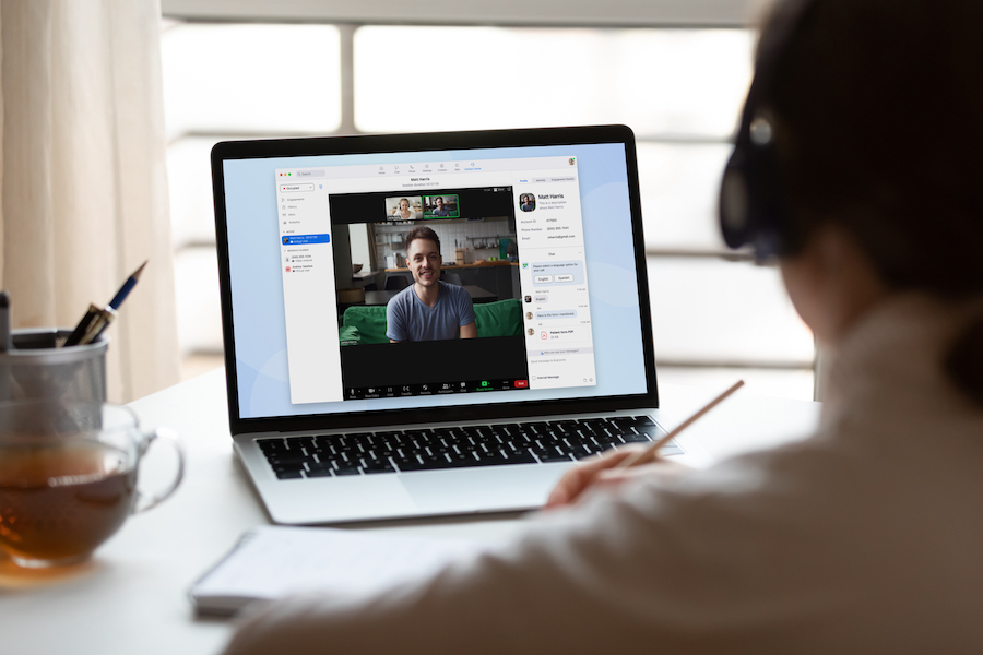 Fame employee have webcam conference with colleagues