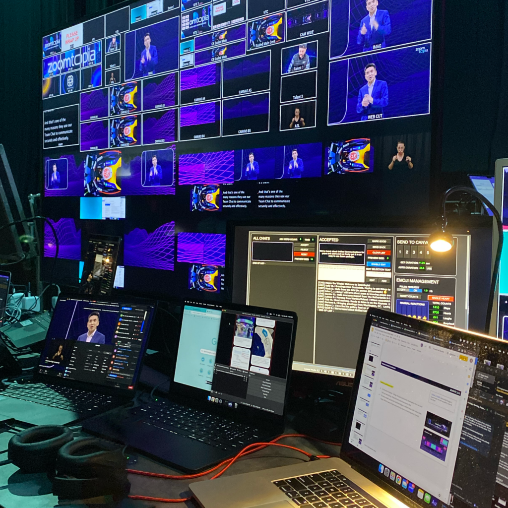 Computer screens showing behind the scenes of the production of Zoomtopia