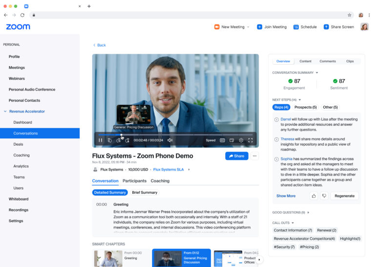 A screenshot of Zoom Revenue Accelerator conversation summary