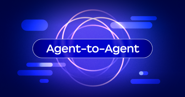 Agent-to-agent text over a blue graphic background